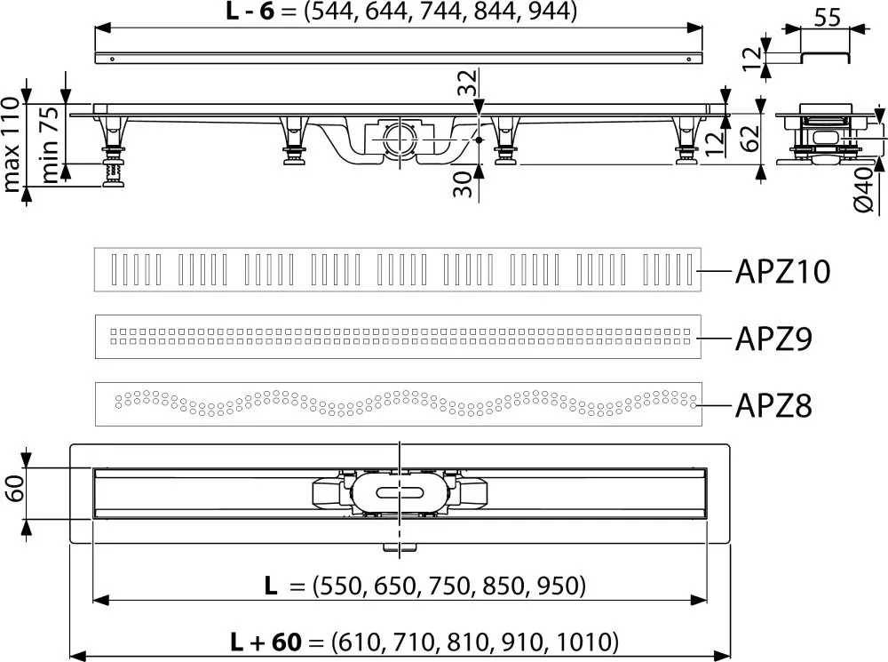 Душевой трап (лоток) AlcaPlast APZ9-Simple 650 с решеткой и опорами Sancos — официальный сайт