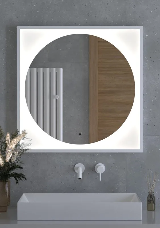 Зеркало Defesto Eclipse DF 2228R 80х80 белая рама, с LED-подсветкой, 4500К, инфракрасный выключатель