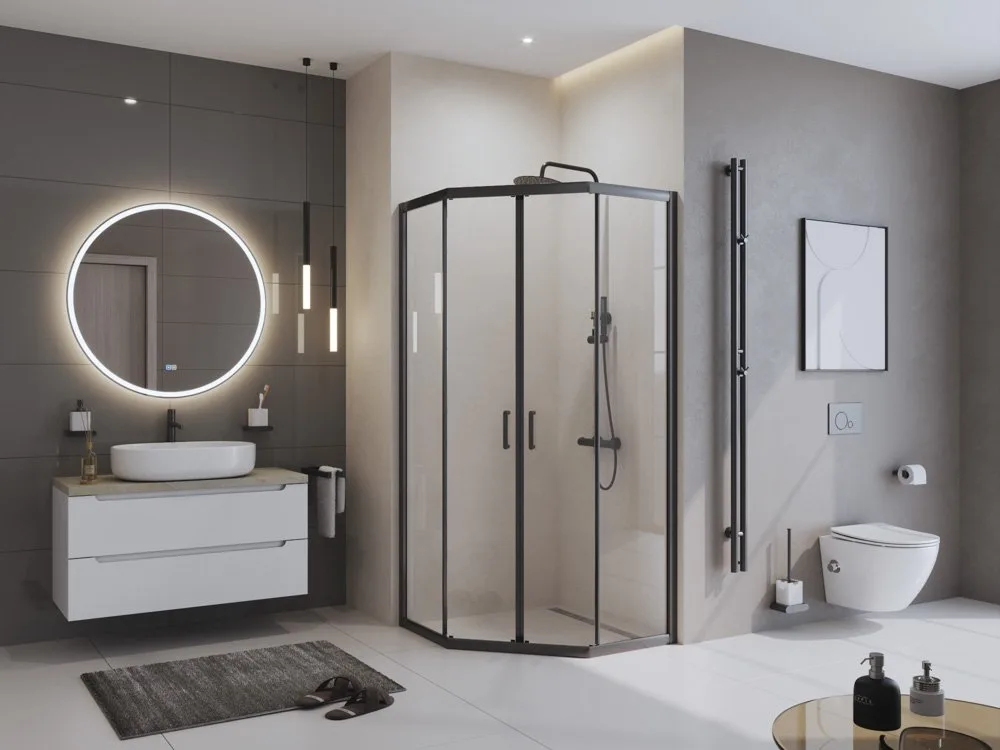 Душевой уголок BelBagno Uno 195 P 2 90 C Nero профиль черный, стекло прозрачное Sancos — официальный сайт