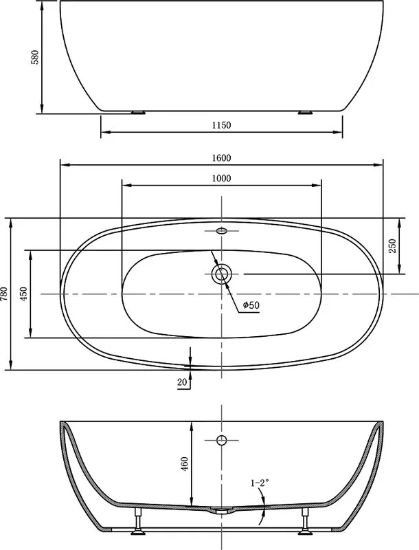 Акриловая ванна Vincea VBT-405-1600 160x80 см, отдельностоящая, белая, овальная, на ножках, со сливо Sancos — официальный сайт