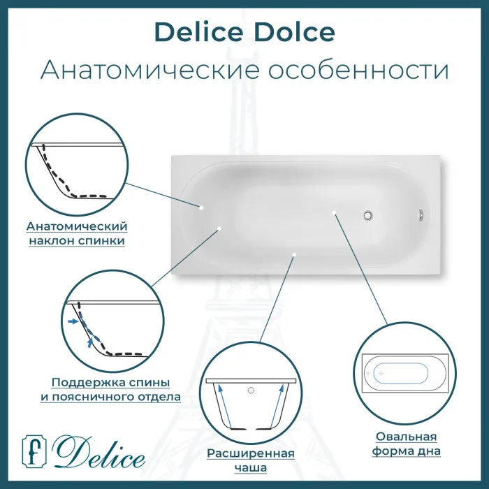 Ванна из литьевого мрамора Delice Dolce 170х75 см, пристенная с ручками хром
