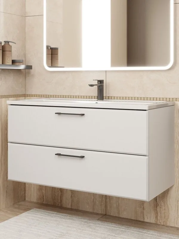 Тумба под раковину без столешницы Uperwood Foster New 100 подвесная, 2 ящика, матовая белая Sancos — официальный сайт