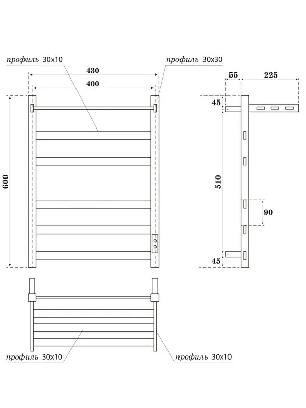 Полотенцесушитель электрический APEXTERMO Терра TR11164BM 60x45 см, подключение справа, слева, скрыт