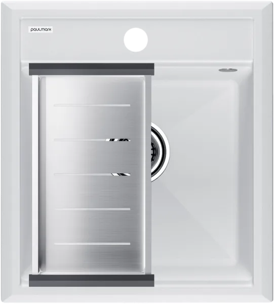 Мойка кухонная Paulmark Stepia PM114651-WH+A375-BS с коландером, белая
