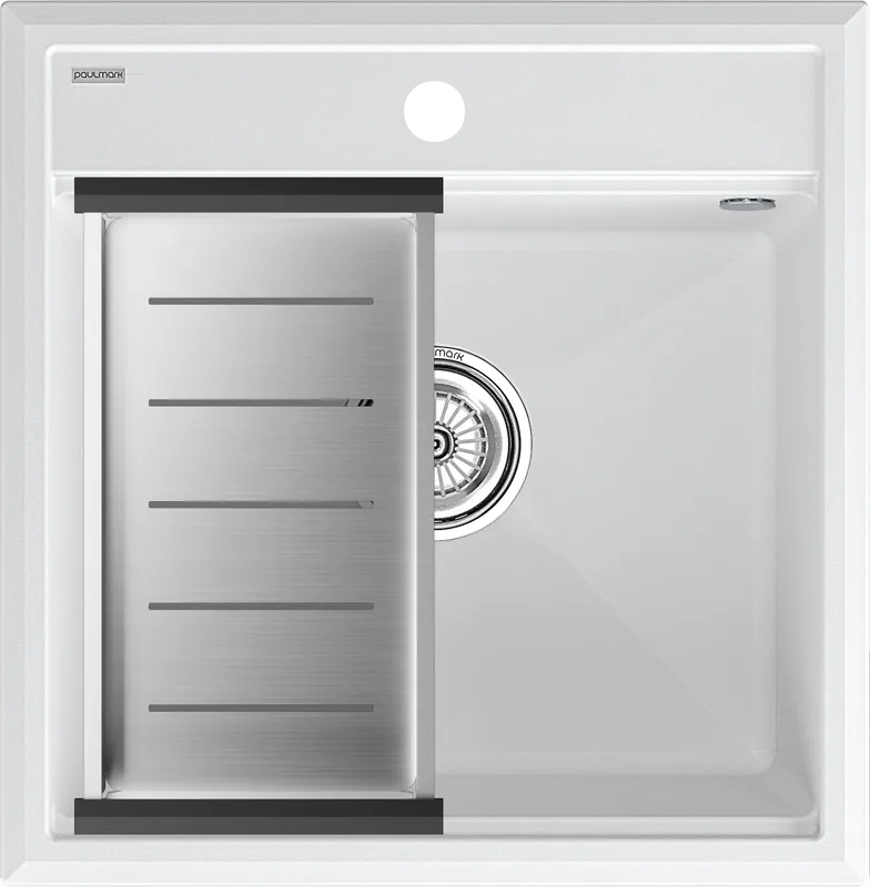 Мойка кухонная Paulmark Stepia PM115051-WH+A375-BS с коландером, белая Sancos — официальный сайт