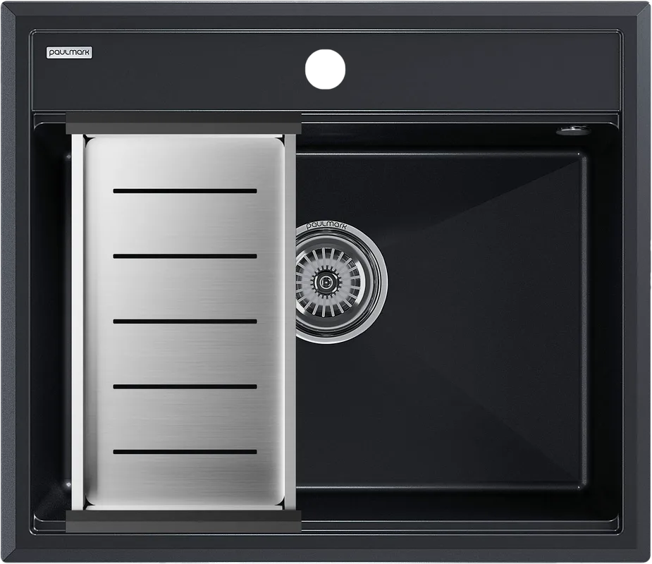 Мойка кухонная Paulmark Stepia PM115951-BLM+A375-BS с коландером, черный металлик Sancos — официальный сайт