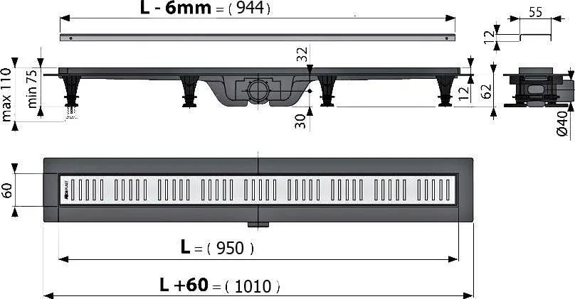 Душевой трап (лоток) AlcaPlast APZ10-Simple 950M APZ10-950M, с решеткой и опорами Sancos — официальный сайт