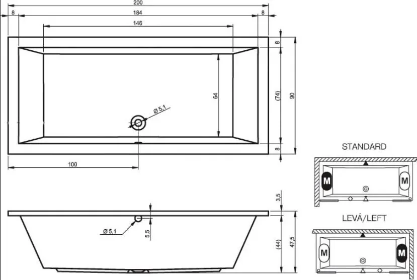 Акриловая ванна Riho Lusso B016001005 без опоры 200x90 см, встраиваемая, белая Sancos — официальный сайт