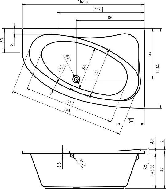 Акриловая ванна Riho Lyra L 155x100 см, угловая, левая, пристенная, белая, асимметричная, с каркасом Sancos — официальный сайт