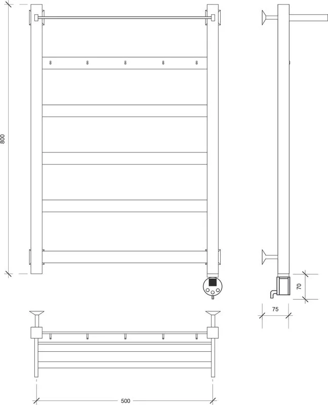 Полотенцесушитель электрический Secado Комано 1 КСП , 80x50 ТЭН квадратный, черный матовый, R Sancos — официальный сайт