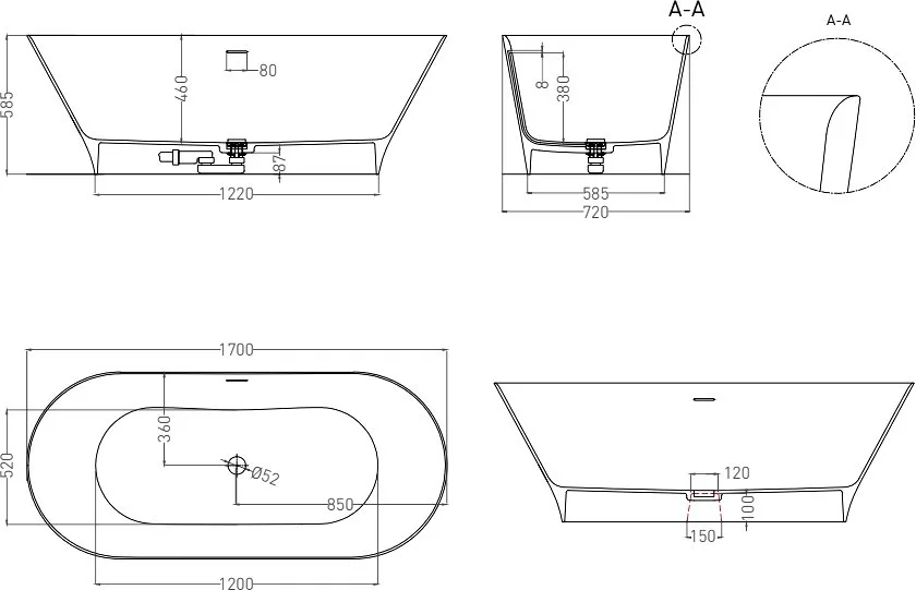 Ванна из искусственного камня Salini Mona S-Stone 170x70 см, отдельностоящая, матовая белая, овальна Sancos — официальный сайт