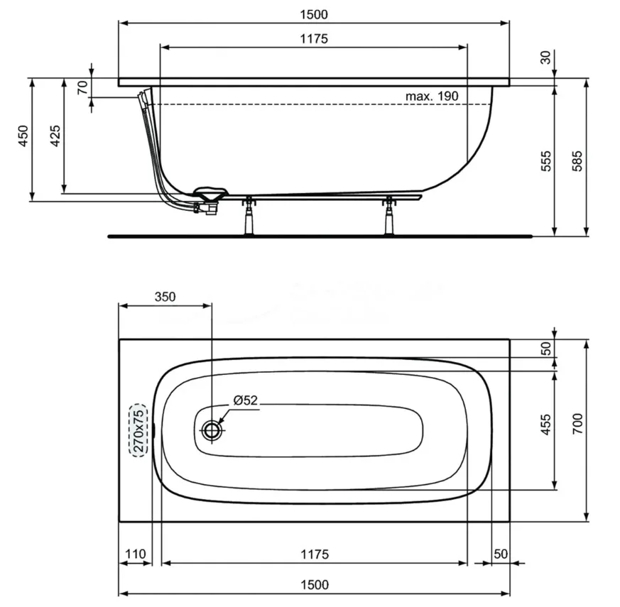 Акриловая ванна Ideal Standard I.life A T475701 без опоры 150x70 см, пристенная, euro white  Sancos — официальный сайт