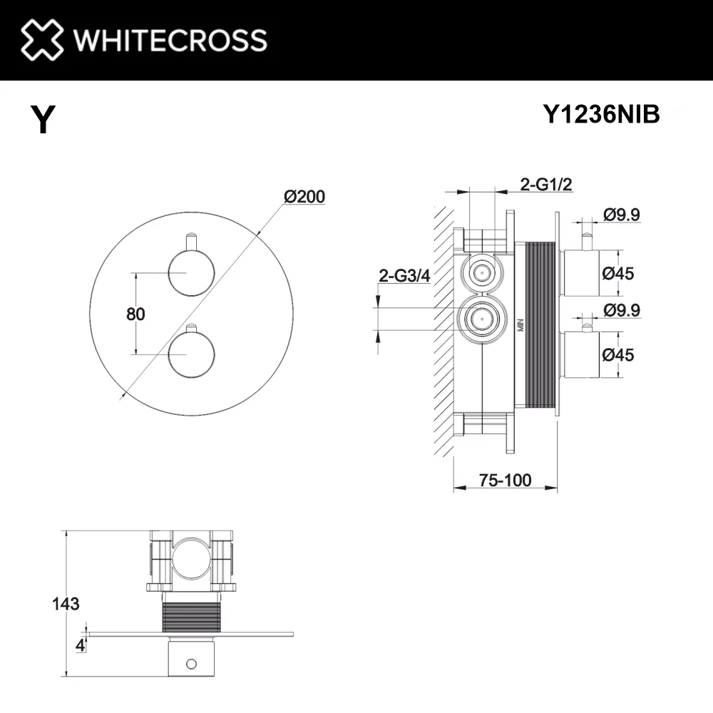 Термостатический встраиваемый смеситель Whitecross Y1236NIB для душа (с внутренней частью, никель) Sancos — официальный сайт