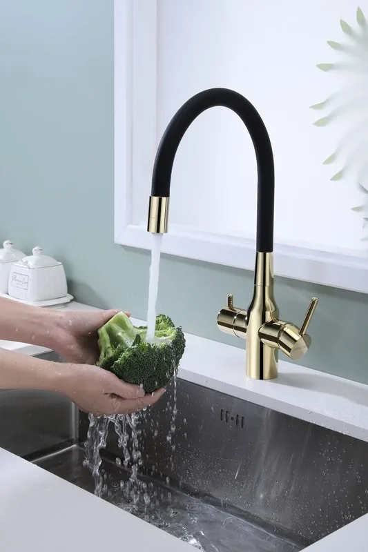 Смеситель для кухни Paulmark Salix 213419-G, золото, черный, с гибким изливом Sancos — официальный сайт