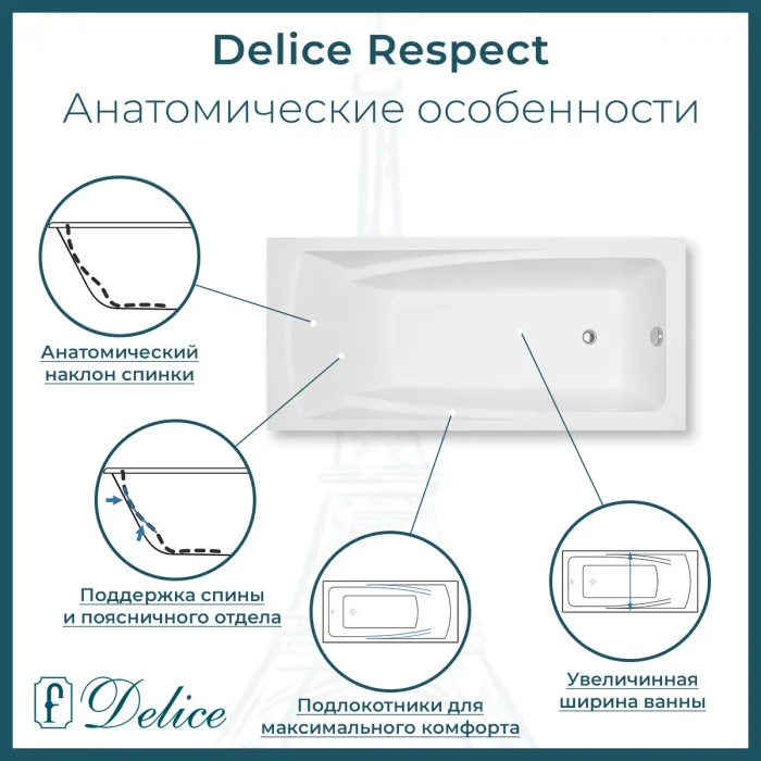 Ванна из литьевого мрамора Delice Respect 170х75 см, пристенная