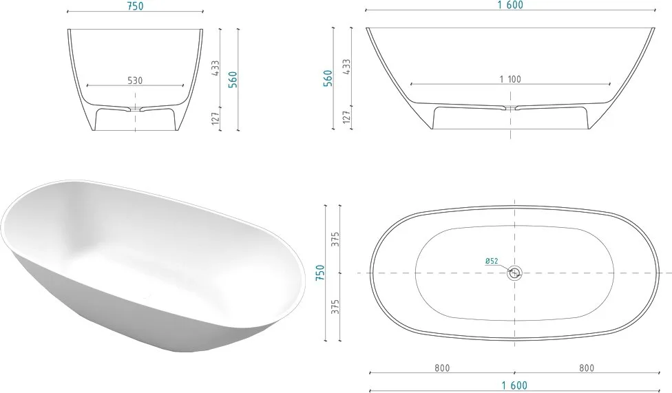 Ванна из искусственного камня WHITECROSS Onyx D 160x75 см, отдельностоящая, матовая белая, овальная, Sancos — официальный сайт