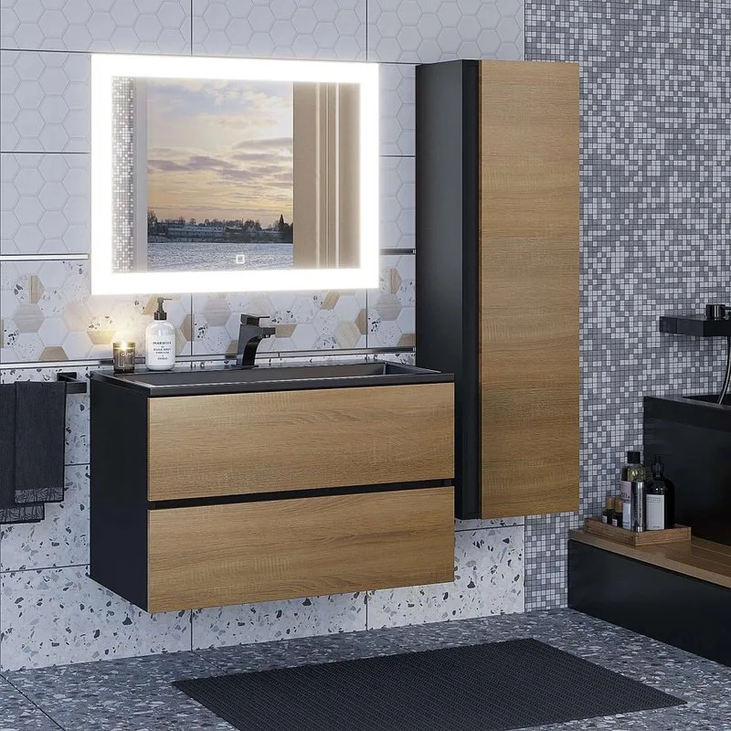 Шкаф-пенал для ванной Uperwood Barsa 35 подвесной, дуб сонома, черный Sancos — официальный сайт
