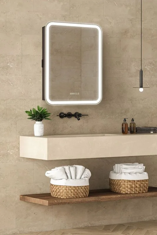 Зеркало-шкаф Art&Max Platino L 60, с подсветкой и диммером, часами и функцией антизапотевания, матов Sancos — официальный сайт