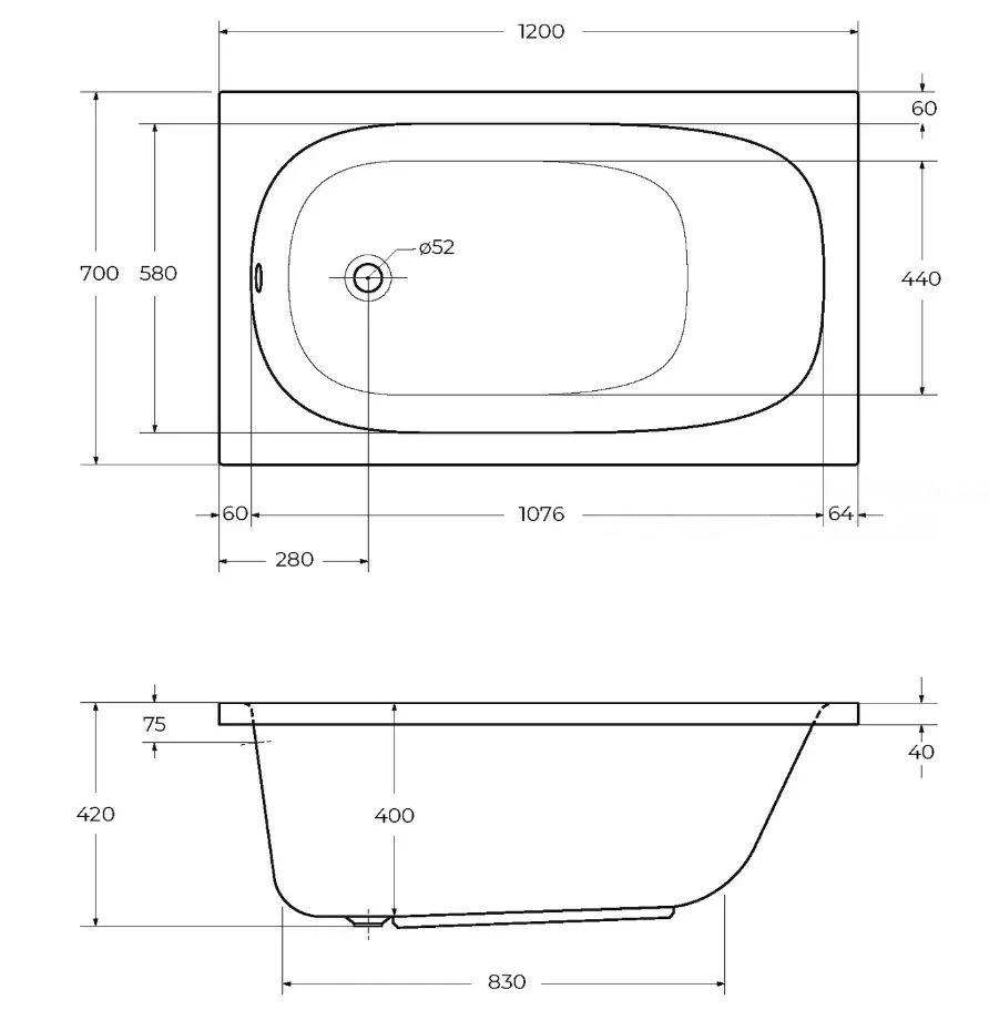 Акриловая ванна Cezares Eco 120-70-40-W37 без опоры 120x70 см, пристенная, белая Sancos — официальный сайт