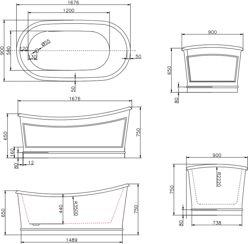 Акриловая ванна BelBagno BB32-CF36 170x90 см, левая, отдельностоящая, серая матовая, овальная, на но Sancos — официальный сайт