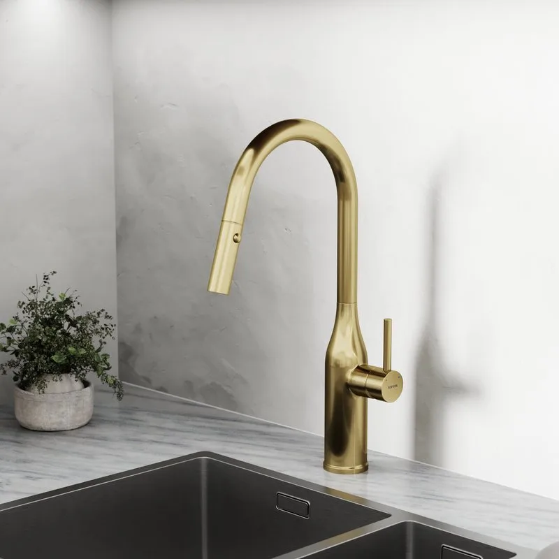 Смеситель для кухни Sancos Grand SC4002BG с вытяжным изливом, брашированное золото Sancos — официальный сайт