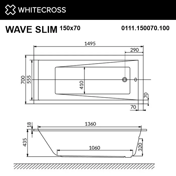 Акриловая ванна WHITECROSS Wave Slim 150x70 см, встраиваемая, белая Sancos — официальный сайт