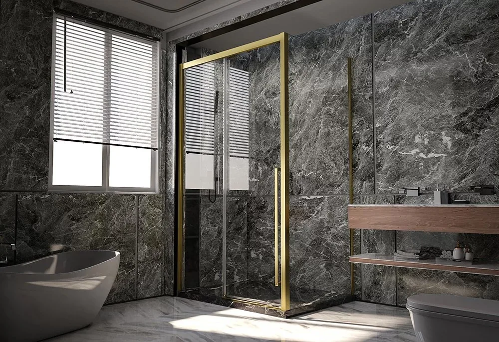 Дверь для душевого уголка Veconi Premium Trento PTD-30G 140 см, профиль брашированное золото, стекло Sancos — официальный сайт