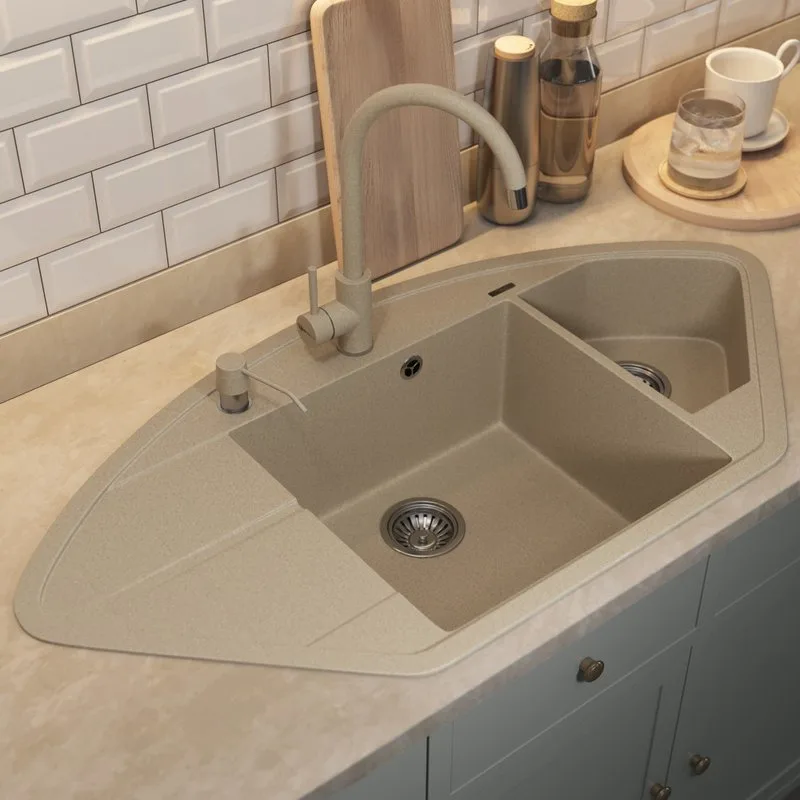 Кухонная мойка кварцевая Uperwood Quartz UPD-06-02, угловая двухсекционная, бежевая Sancos — официальный сайт