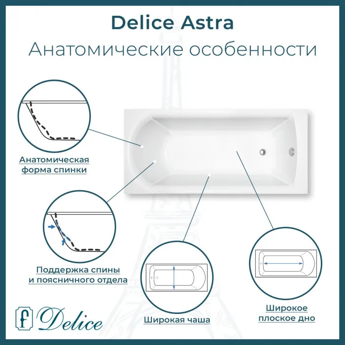 Ванна из литьевого мрамора Delice Astra 170х80 см, пристенная, с ручками хром