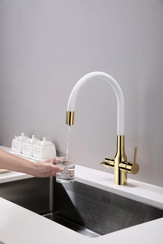Смеситель для кухни Paulmark Salix 213419-Gw, золото, белый, с гибким изливом Sancos — официальный сайт