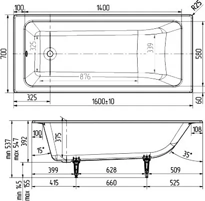 Чугунная ванна Wotte Line 1 160x70 см, пристенная Sancos — Оригинал