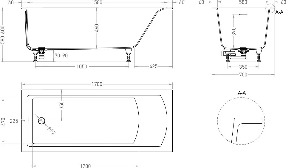 Ванна из искусственного камня Salini Cascata Kit S-Sense 170x70 см, встраиваемая, матовая белая, на  Sancos — официальный сайт