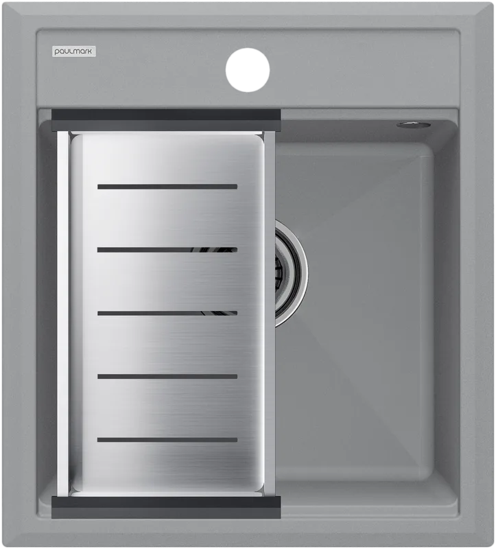 Мойка кухонная Paulmark Stepia PM114651-GRS+A375-BS с коландером, серый дым Sancos — официальный сайт