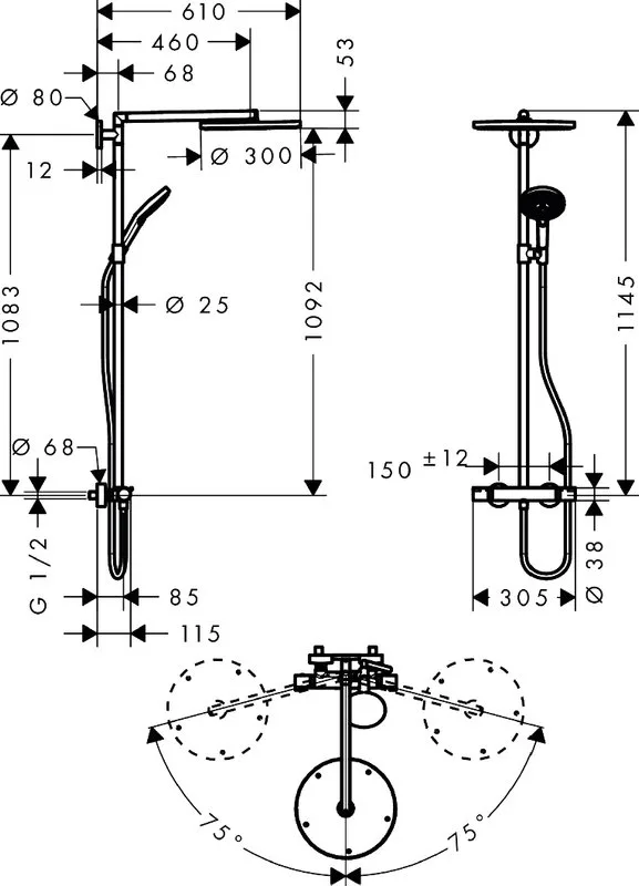 Душевая стойка Hansgrohe Raindance Select S 300 27114000, Showerpipe Sancos — официальный сайт