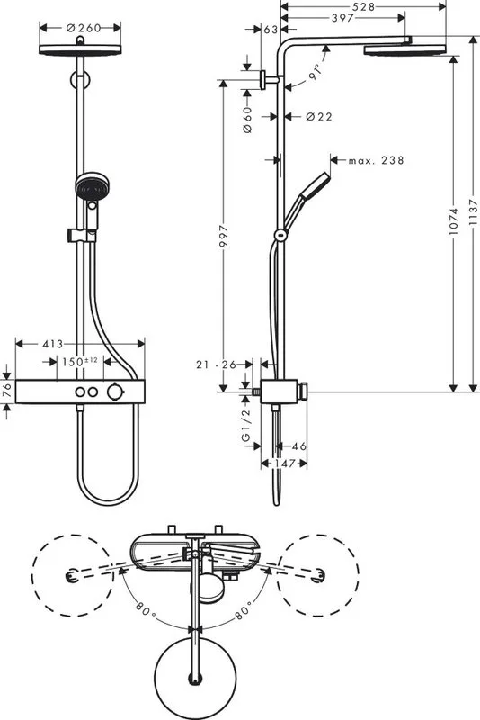 Душевая стойка Hansgrohe Pulsify Showerpipe 260 1jet 24220000, хром Sancos — официальный сайт