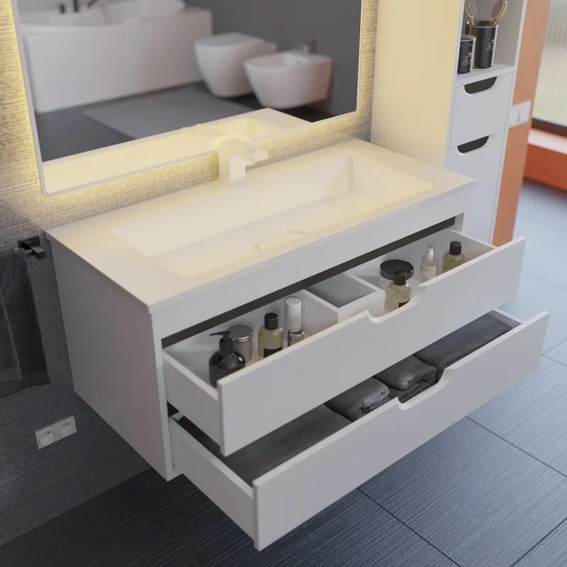 Тумба под раковину без столешницы Uperwood Modul 100 подвесная, 2 ящика, матовая белая, графит Sancos — официальный сайт