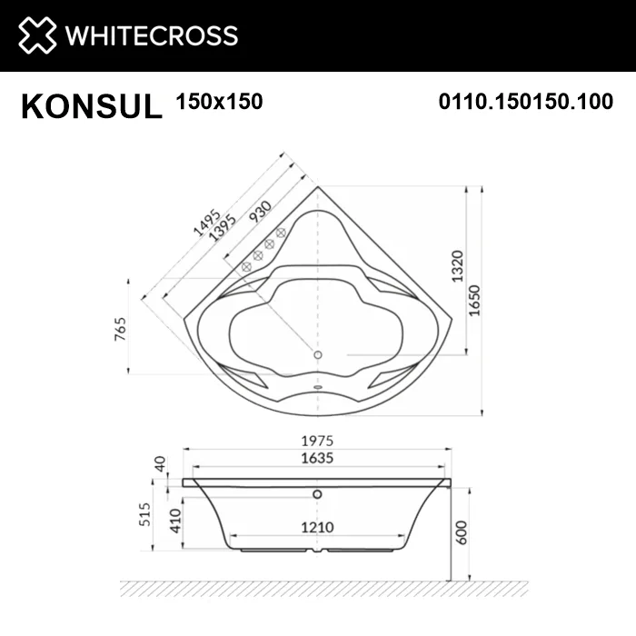 Акриловая ванна WHITECROSS Konsul 150x150 см, пристенная, белая Sancos — официальный сайт