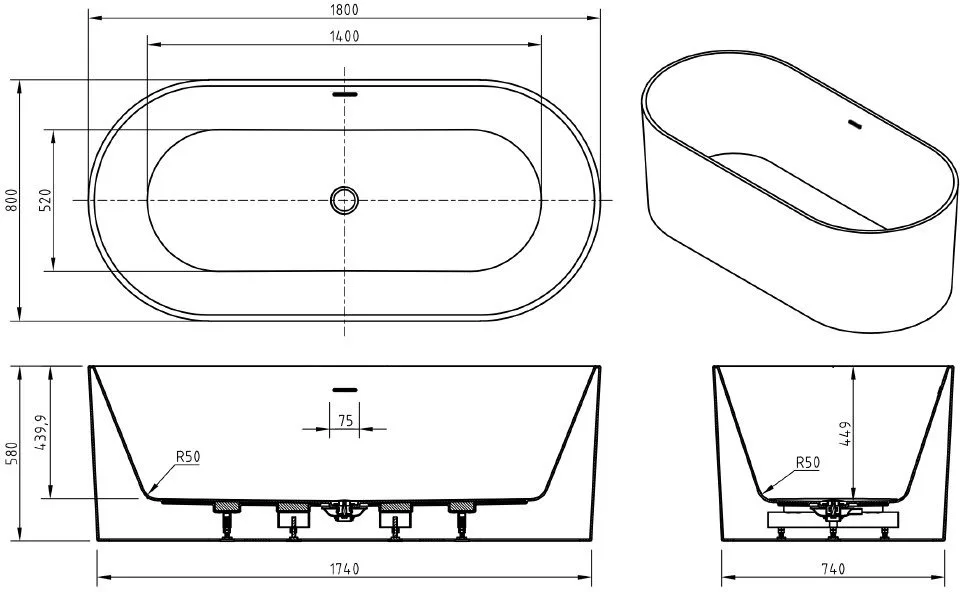 Акриловая ванна BelBagno BB705-1800-800 180x80 см, отдельностоящая, белая, овальная, на ножках Sancos — официальный сайт