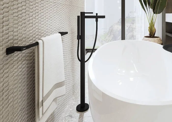 Напольный смеситель для ванны с душем Hansgrohe Finoris 76445670, матовый черный Sancos — официальный сайт