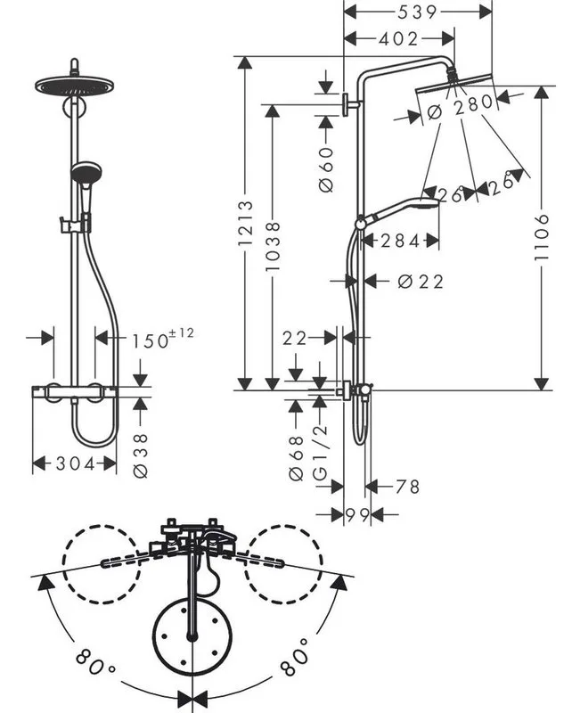 Душевая стойка Hansgrohe Croma Select S 280 1jet Showerpipe 26890140, шлифованная бронза Sancos — официальный сайт