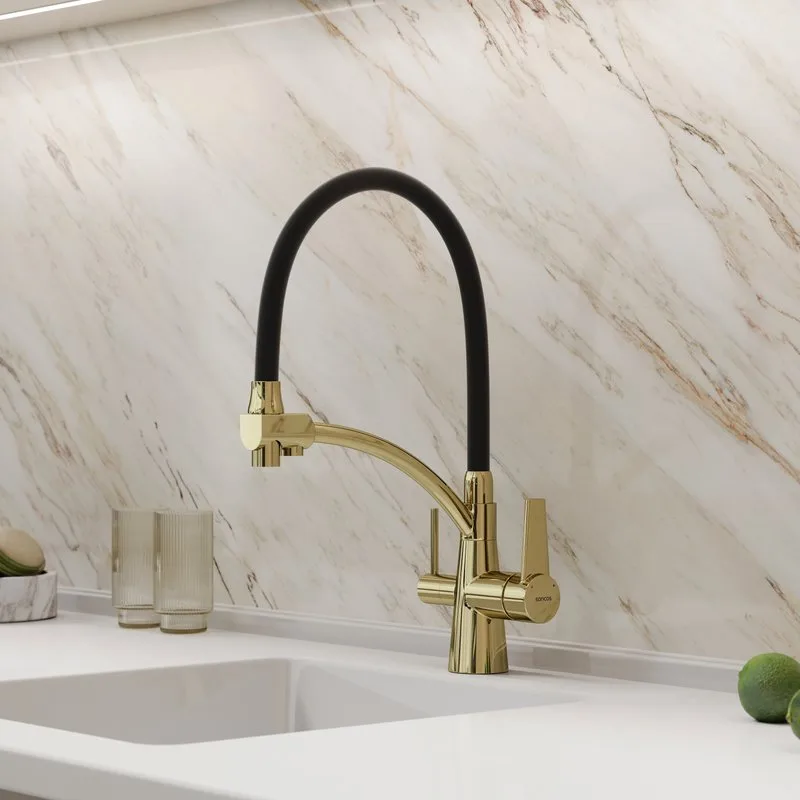 Смеситель для кухни Sancos Eri SC4001ZG с гибким изливом, полированное золото Sancos — официальный сайт