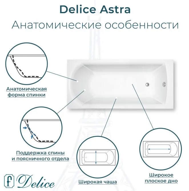 Ванна из литьевого мрамора Delice Astra 150х70 см, пристенная