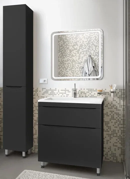 Шкаф-пенал для ванной Style Line Бергамо Люкс Plus 30 L с бельевой корзиной, антискрейтч черный