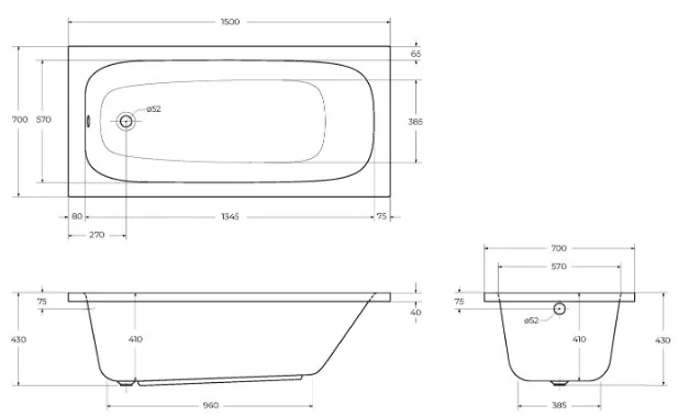 Акриловая ванна Cezares Eco 150-70-41-W37 без опоры 150x70 см, пристенная, белая Sancos — официальный сайт