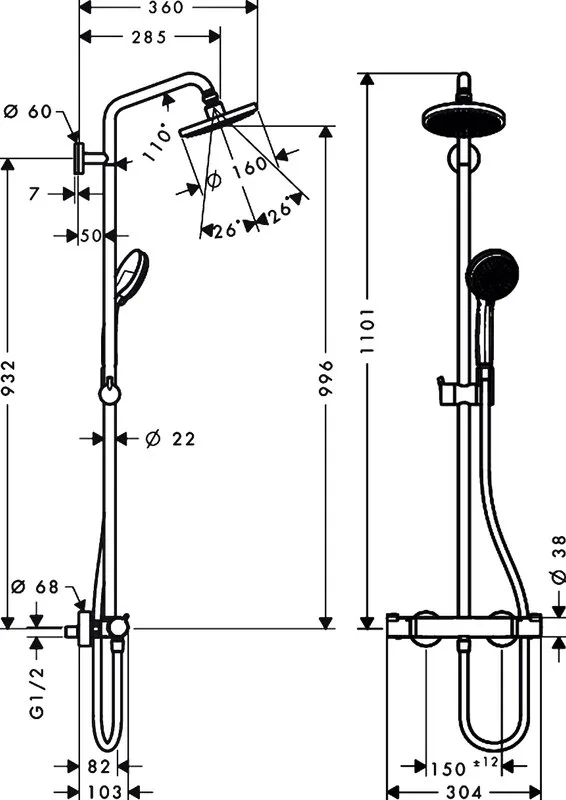 Душевая стойка Hansgrohe Croma 160 Showerpipe 27135000 Sancos — официальный сайт