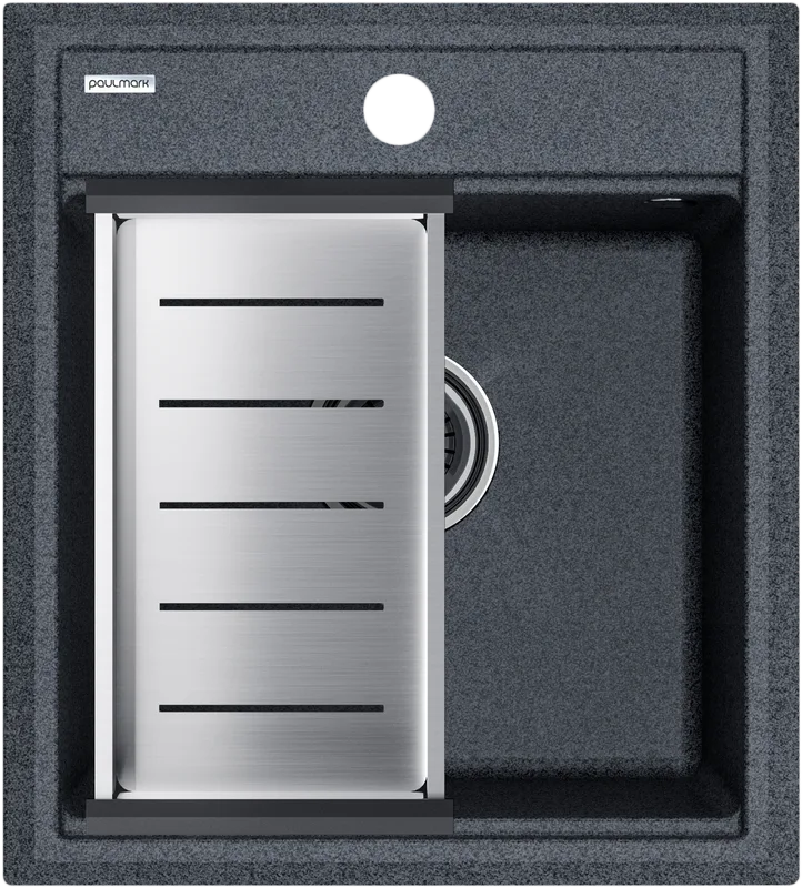 Мойка кухонная Paulmark Stepia PM114651-DG+A375-BS с коландером, графит Sancos — официальный сайт