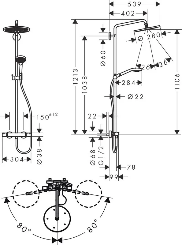 Душевая стойка Hansgrohe Croma Select S 280 1jet 26890670, с термостатом, матовый черный Sancos — официальный сайт