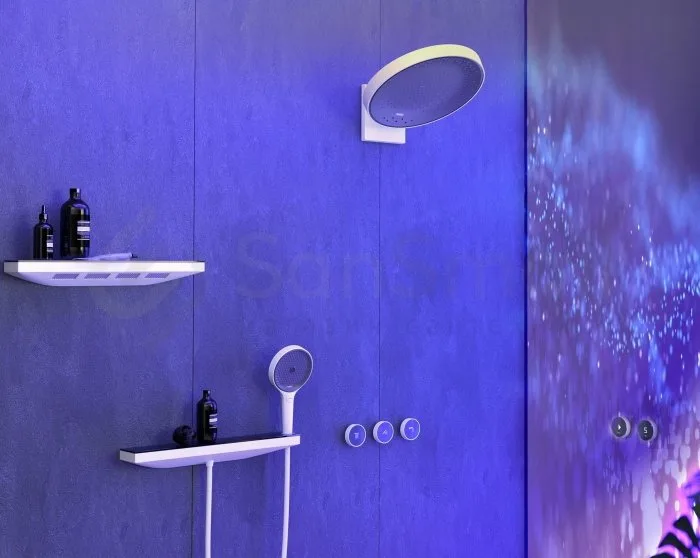 Шланговое подключение Hansgrohe Rainfinity 26858700, с полкой Sancos — официальный сайт