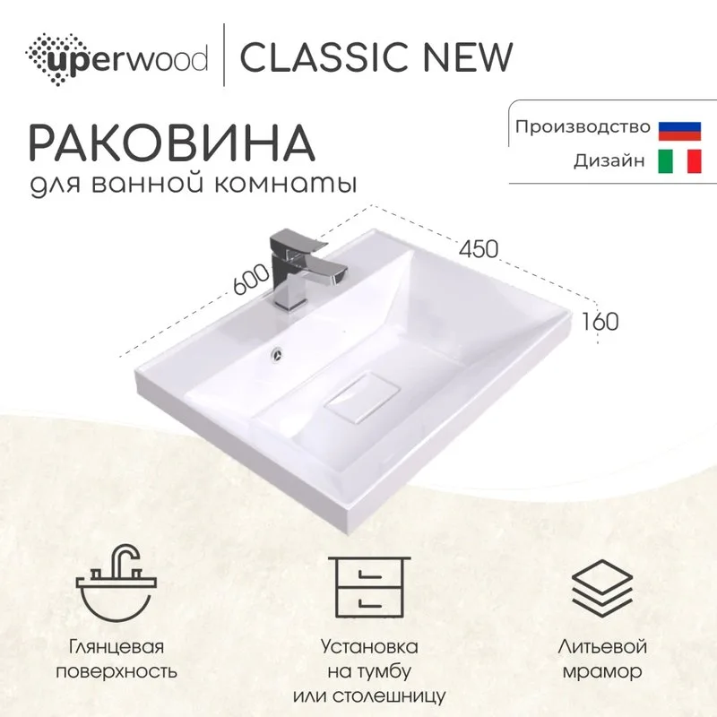 Мебельная раковина Uperwood Classic New 60 глянцевая белая Sancos — официальный сайт