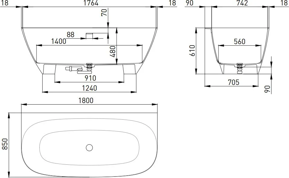 Ванна из искусственного камня Salini Sofia Wall 180x85 см, пристенная, матовая белая, со сливом-пере Sancos — официальный сайт